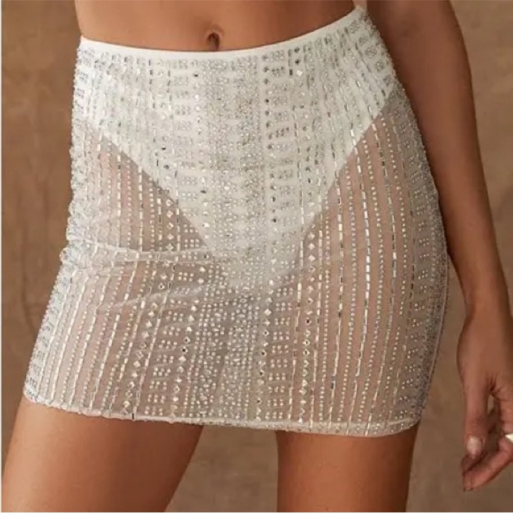 12th Tribe White and Silver Beaded Pencil Skirt